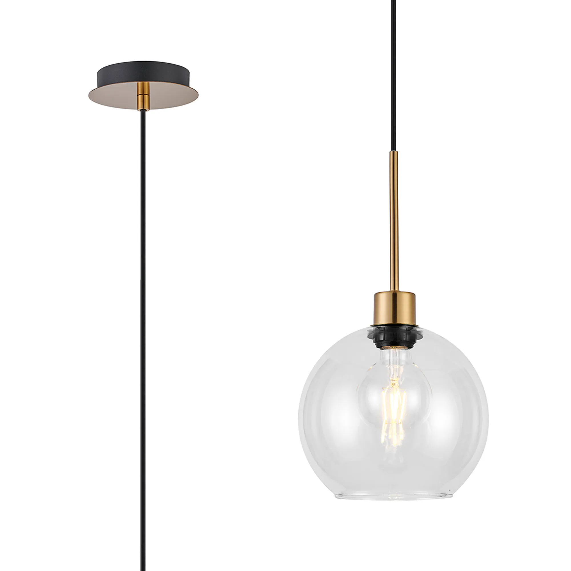 DK1167  Lori 1.7m Single Pendant, 1 Light Adjustable E27, Antique Gold/Clear Open Mouth Round Globe Shades